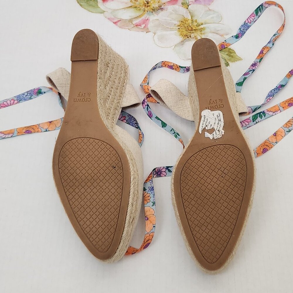 Crown & Ivy Size 10 Lawndale Lace up Floral Print Espadrille Wedge Sandals - Picture 5 of 6